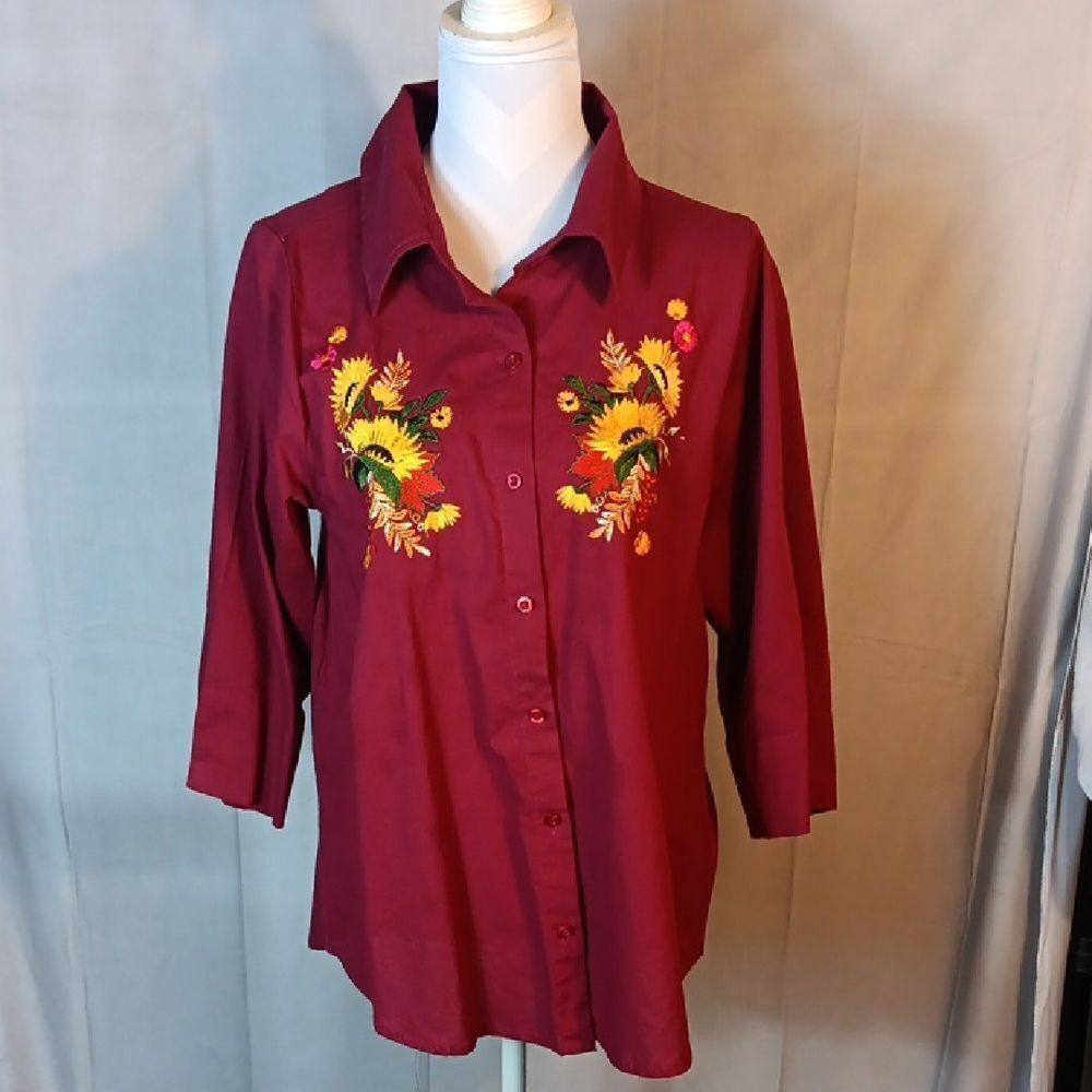 Collections Etc. Maroon Button Down Shirt with Floral Embroidery